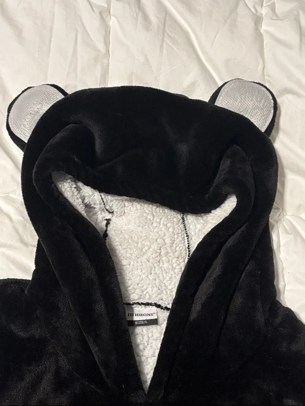 Black Plush Hoodie with Front Pocket and playful ears on hood - Picture 2 of 4